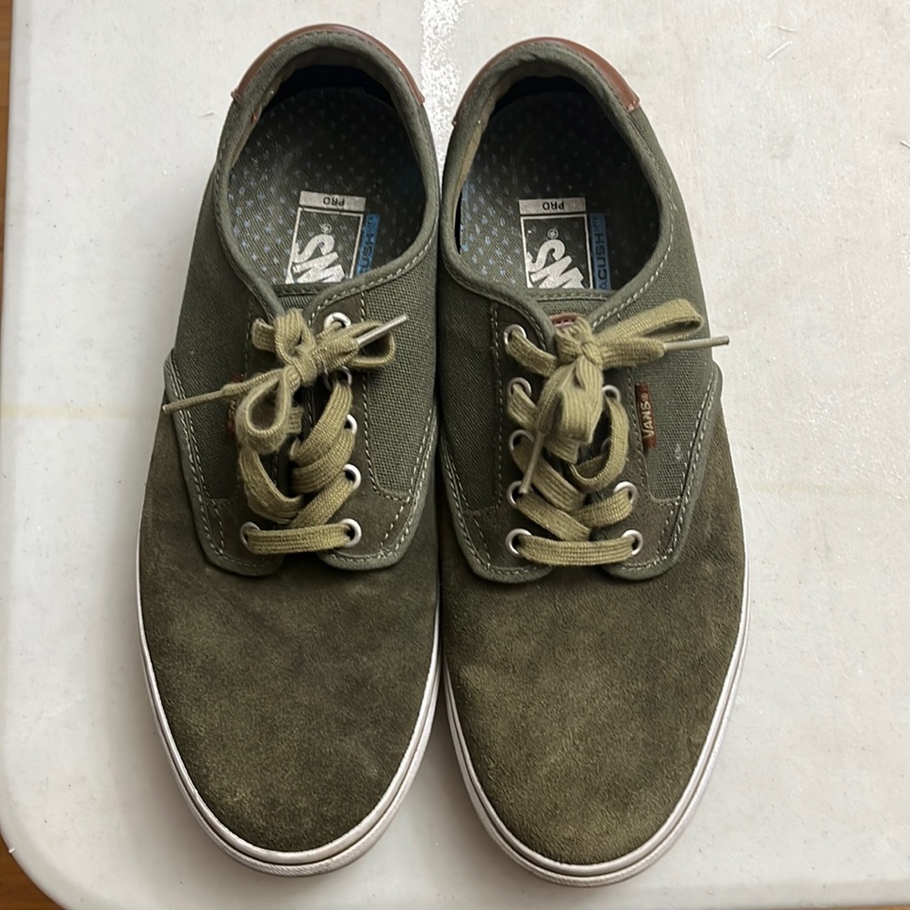 Vans canvas and suede shoes.  Olive grn with brown trim. Ultracrush pro insoles.